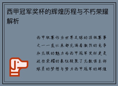 西甲冠军奖杯的辉煌历程与不朽荣耀解析