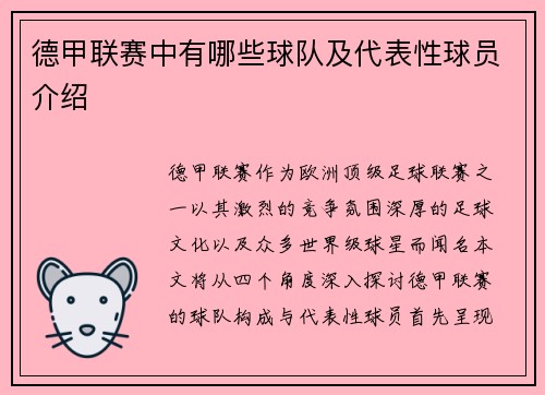 德甲联赛中有哪些球队及代表性球员介绍
